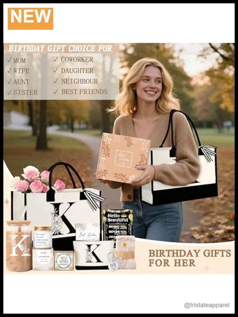 Monogrammed Tote Bag Gift Set w/ Cosmetic Bag, Glass Cup, Keychain, Candle,